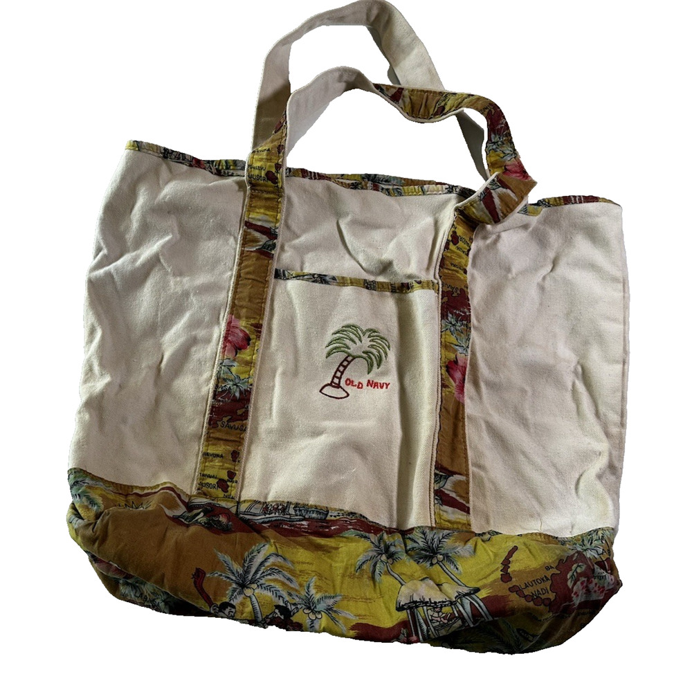Old Navy Canvas Tote Bag Tropical Embroidered Palm Tree Beach Summer Pockets VTG